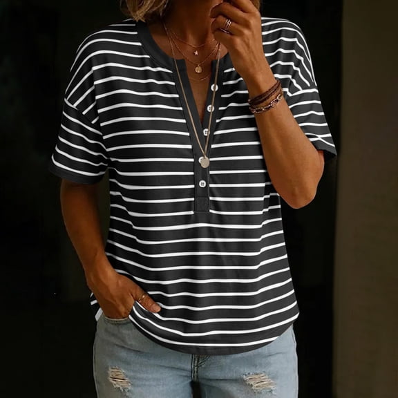 ClodeEU Women's Striped V Neck Half Button Short Sleeve Blouse, Casual Loose Summer Top Black,Women's Plus L