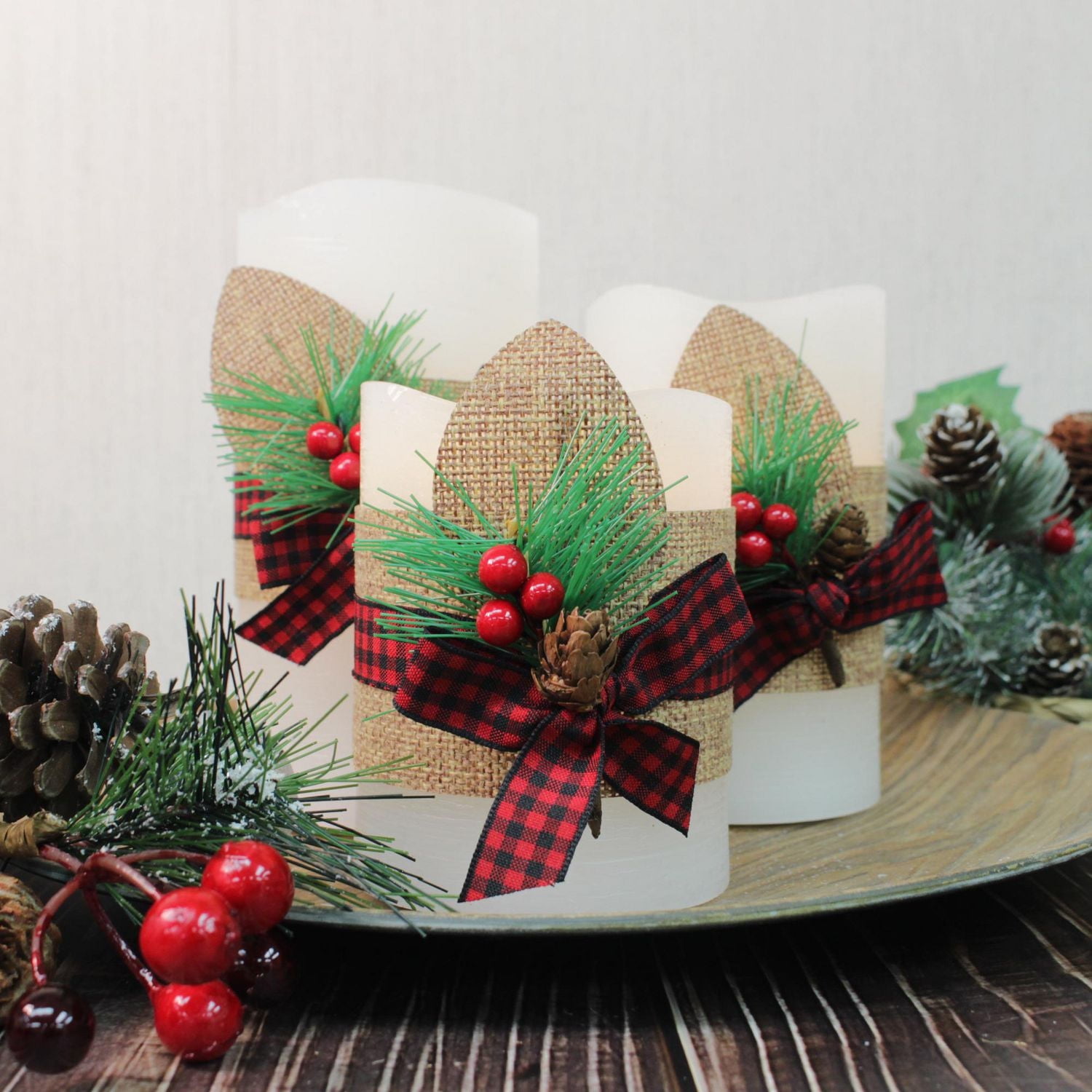 Hometrends Burlap Foliage LED Pillar Candle Set with Remote Control