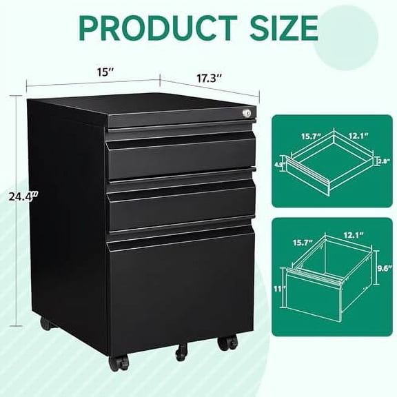 Letaya Mobile File Cabinet with Lock,Under Desk Rolling 3 Drawer Filing Cabinets for Home Office Letter/Legal/A4/F4 (Black- Requires installation)