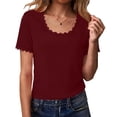 thumbnail image 1 of Camisetas de Manga Corta de Verano para Mujeres Moda Casual Color Sólido Encaje Cuello Redondo Suéter Mujer Camisetas de Manga Corta Casual, 1 of 7