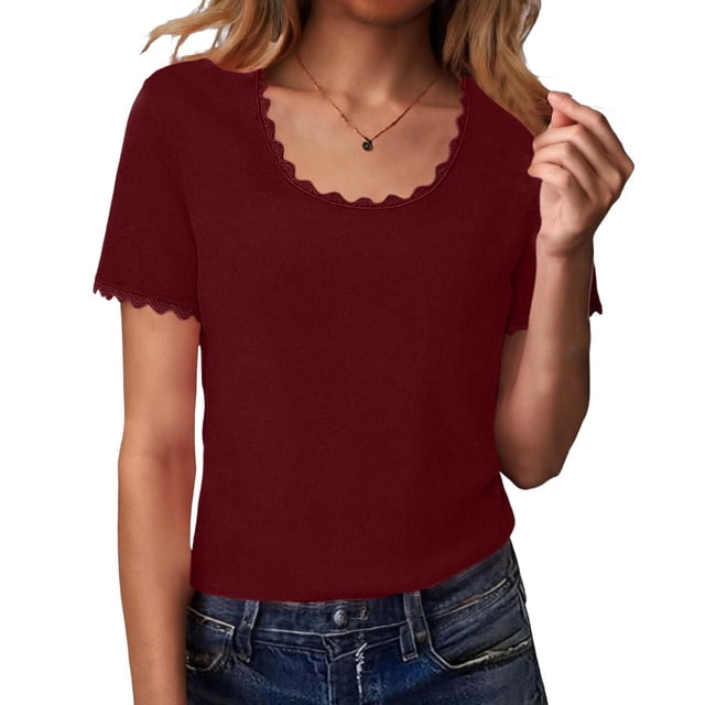 Camisetas de Manga Corta de Verano para Mujeres Moda Casual Color Sólido Encaje Cuello Redondo Suéter Mujer Camisetas de Manga Corta Casual