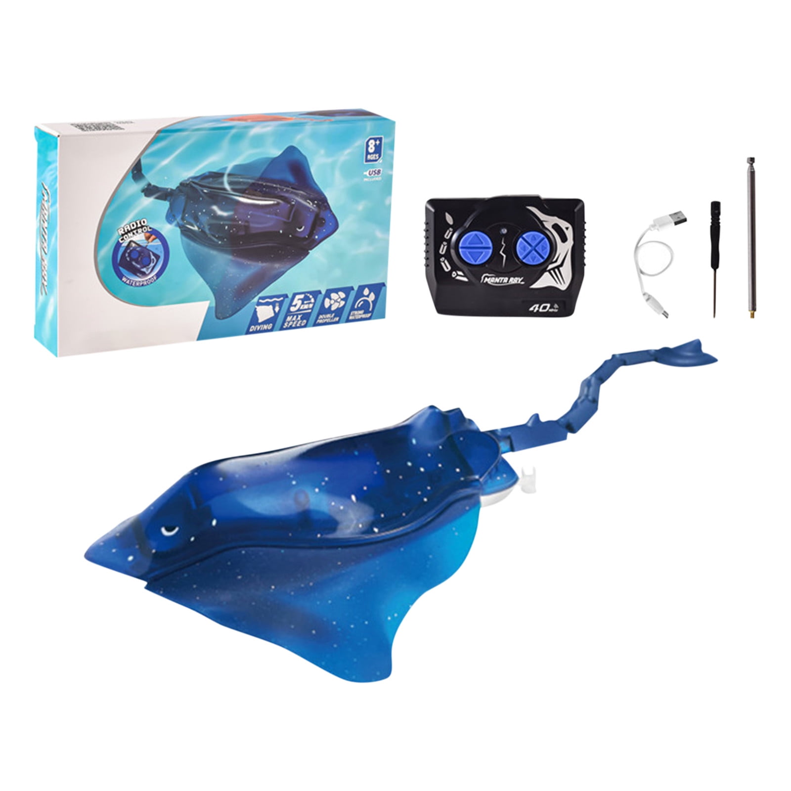 Remote Control Diving Ray Pool Toy for Kids, High Simulation Robot Fish Toy with LED Lights, Waterproof RC Toy for Swimming Pool Bathroom Bath Water Play(Blue)