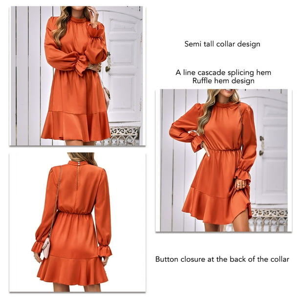 Pure Color Casual Dress A Line Patchwork Half High Neck Mid Waist Long Puff Sleeve Ruffle Dress For School For Women For Work Black Orange Dark Green