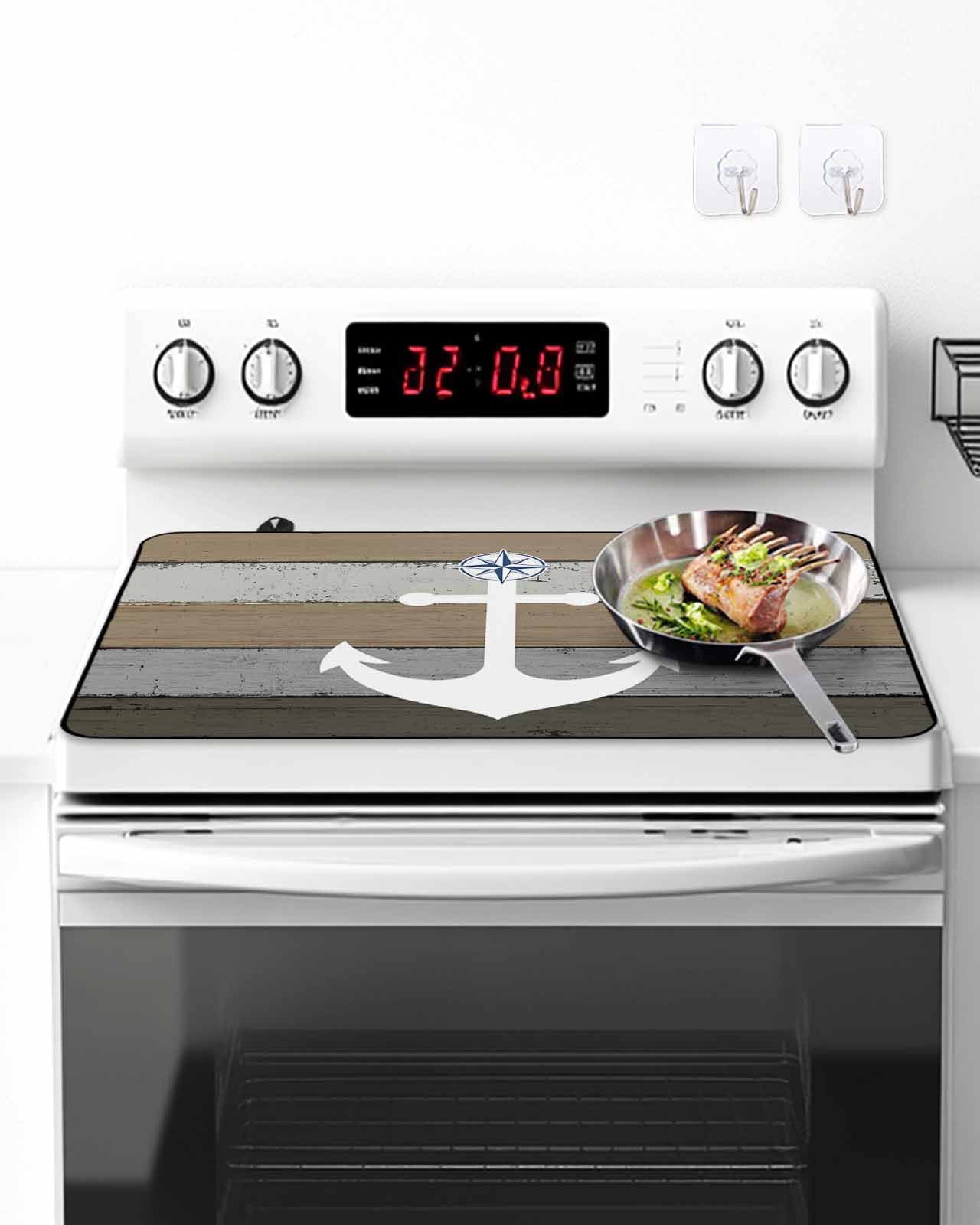 Stove Top Covers for Electric Stove, Anchor Brown Glass Stovetop Cover Protector, Nautical Grey Rustic Farmhouse Wood Grain Induction Cooktop Protector Oven Mat for Kitchen Countertop 31"x24"