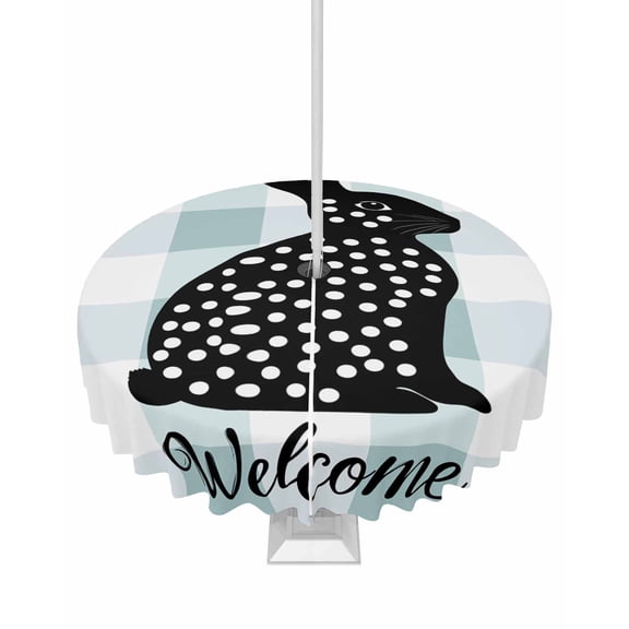 Fsddascl Easter Spring Outdoor Tablecloth - 60 Inch Round Dining Table Cover, Black White Rabbit Dots Farmhouse Plaid Waterproof Outdoor Table Cloth with Umbrella Hole & Zipper for Picnic/Patio