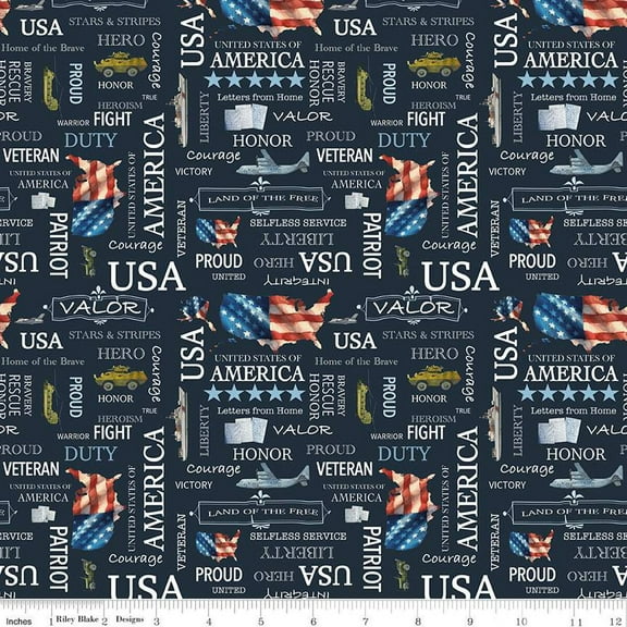 Cotton Letters from Home Patriotic Text Graphics Military USA Freedom Soldiers Riley Blake Navy Cotton Fabric Print by the Yard (C15611-NAVY)