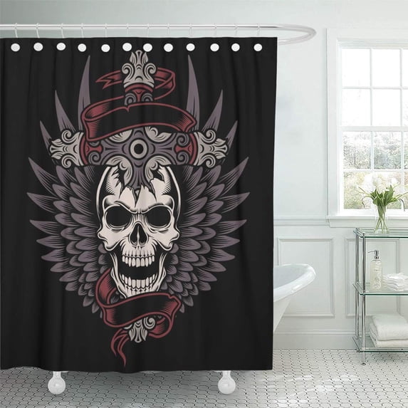 KSADK Tattoo Winged Skull with Cross Vintage Emblem Halloween Skeleton Antique Black Bones Shower Curtain Bath Curtain 66x72 inch