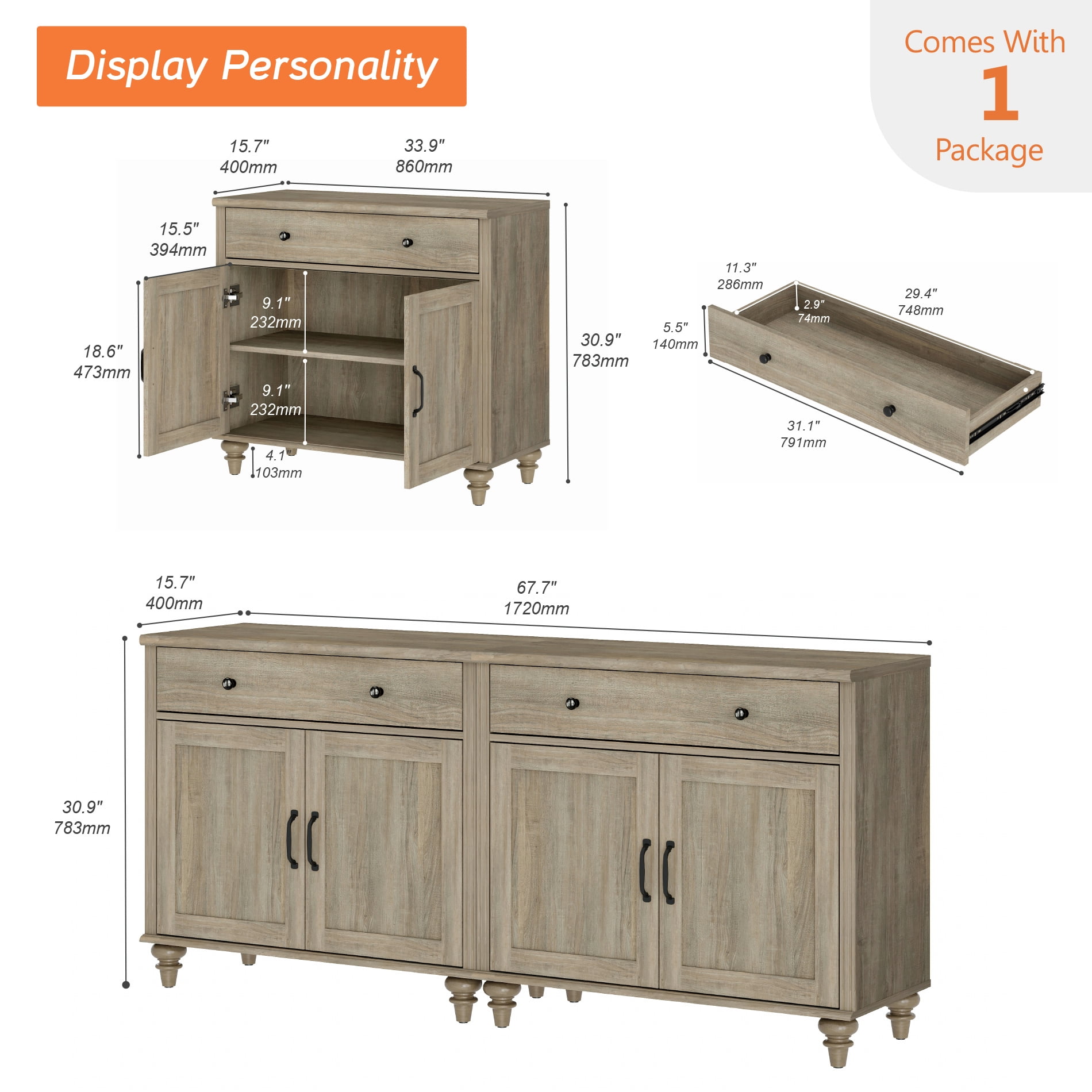 Farmhouse TV Stand for 75 inch TV with 4 Doors and 2 Drawers, Wood Universal TV Stand with Storage Cabinets for Living Room, Bedroom, Wash Gray