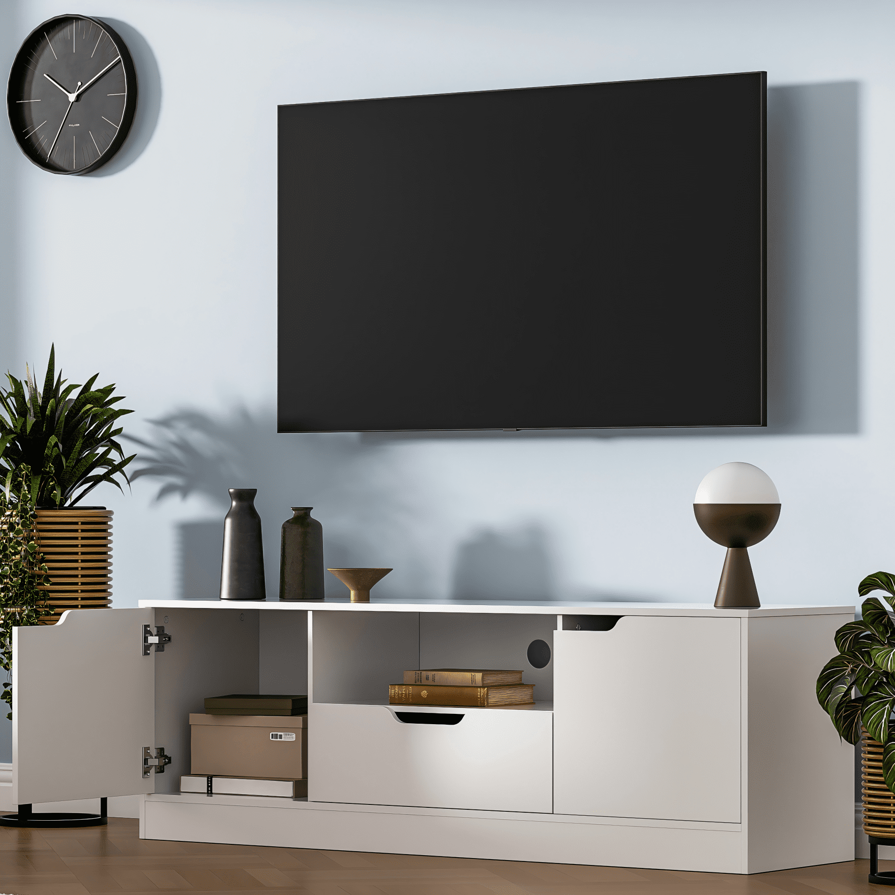 Modern TV Stand for 55/60/65 Inch TV, Media TV Console Table with 2 Doors & Drawer, Entertainment Center with Storage Cabinet for Living Room, Bedroom, White