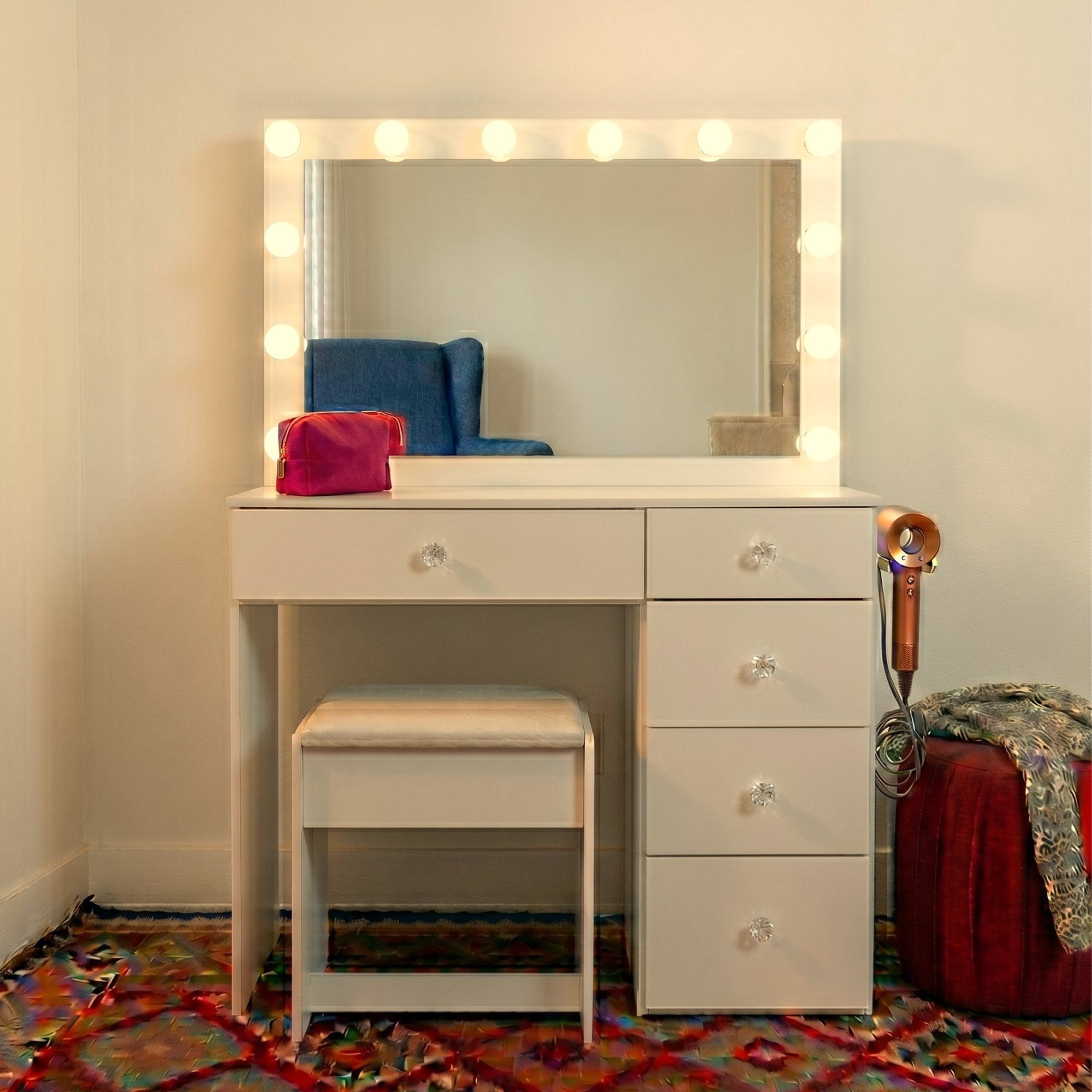 Ember Interiors Nadia Makeup Vanity Desk with 12 LED Lights, 5 Drawers, USB Charging Station, and Stool, White