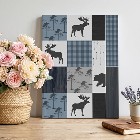 Canvas Wall Art Vintage Plaid Framed Canvas Prints for Living Room Bedroom Farmhouse Bear Deer Trees Forest Checked Gallery Wrapped Wall Decor for Home Office Gifts 12 x16 Ship Next Day