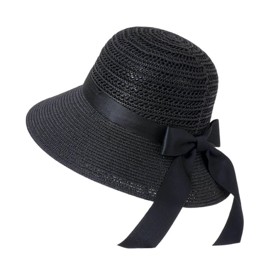 Hfnxid Womens Beach Sun Hat UV UPF50 Travel Foldable Brim UV Hat Braided Sun Hats with Bowknot