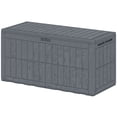 thumbnail image 1 of 100 Gallon Outdoor Deck Box, Grey Resin Waterproof Storage Bench with Pneumatic Gas Rods & Lockable Lid, 48" W Large Patio Organizer for Garden, Poolside, and Backyard Seating, 1 of 7