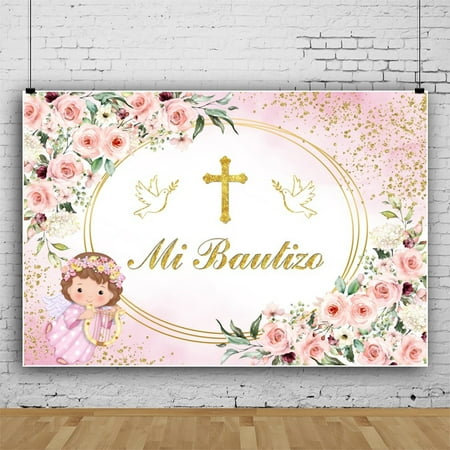 SUNOLIFE Baptism Baby Backdrop Banner First Holy Communion Christening God Bless Mi Bautizo Background 6x4ft
