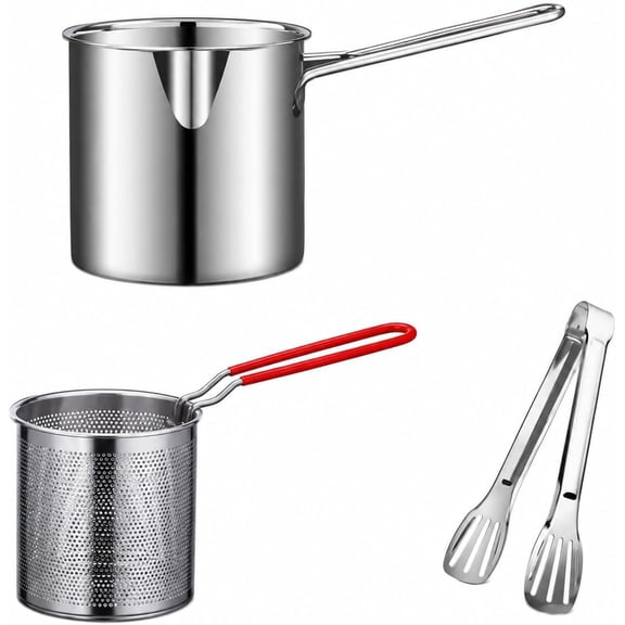 Mini Deep Fryer Set Stainless Steel Pot Basket Tongs 3-Piece | Home Kitchen Small Batch Frying Cookware