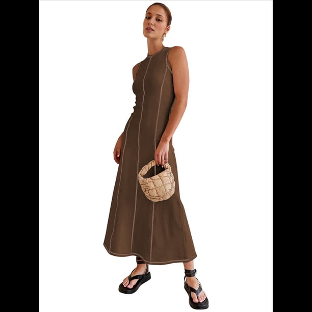 Vestido Camisero Sin Mangas para Mujer, de Verano, de Punto Acanalado en Contraste, Maxivestidos. Color Café S