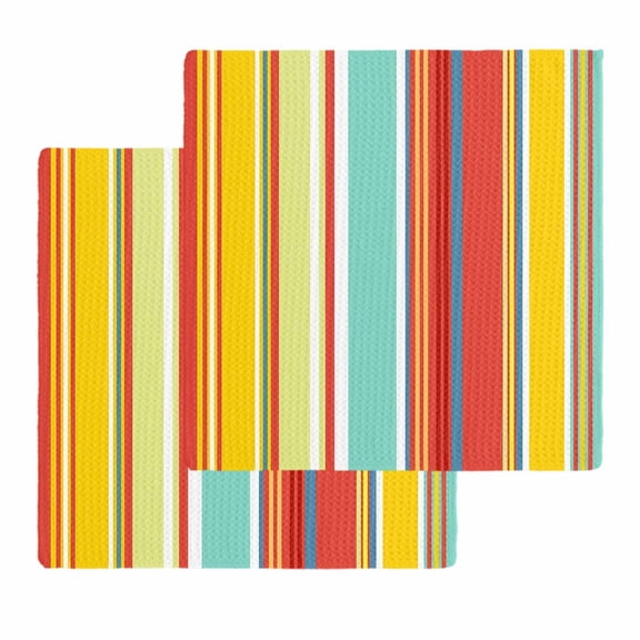 Red Aqua Stripe Kitchen Dish Towels for Drying Dishes Set of 2, Country Abstract Art Colorful Striped Waffle Weave Microfiber Hand Tea Bathroom Towels Quick Dry & Absorbent Towel 12x12