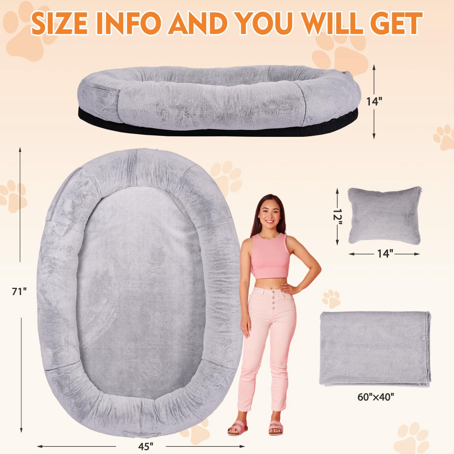 Human Size Dog Bed for Adults and Pets, 71x45x14 Inch Oversized Orthopedic Bean Bag, Plush Faux Fur Washable Cover with Pillow and Blanket, Gray