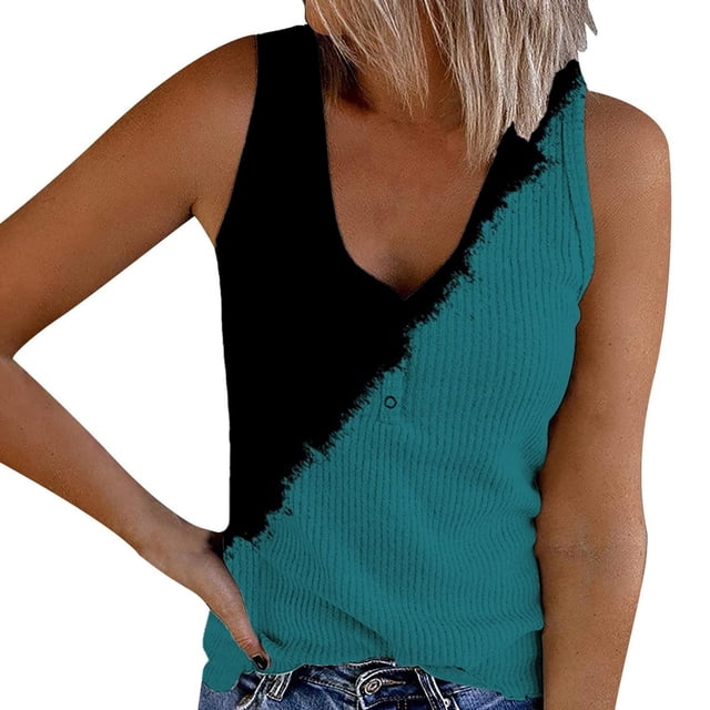 Timegard Plus Size Tank Tops for Women Ribbed V Neck Sleeveless Comfy Button Gradient Color Tops Tee