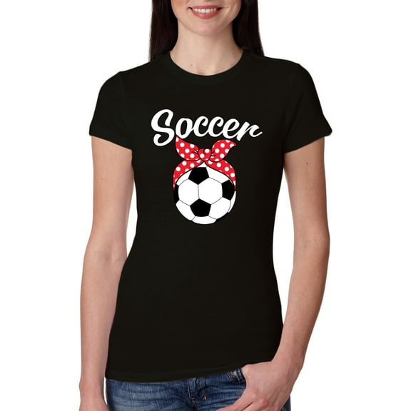 Wild Bobby, Cute Soccer Mom Ribbon Soccer Ball Gift Sports, Mother's Day, Women Slim Fit Junior Tee, Black, Small