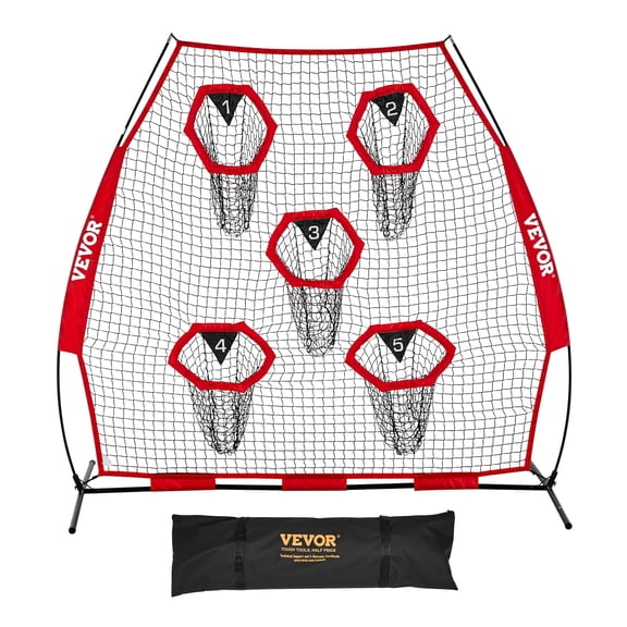 VEVOR 7 x 7 ft Football Trainer Throwing Net, Training Throwing Target Practice Net with 5 Target Pockets, Knotless Net Includes Straps and Portable Carry Case, Improve QB Throwing Accuracy, Red