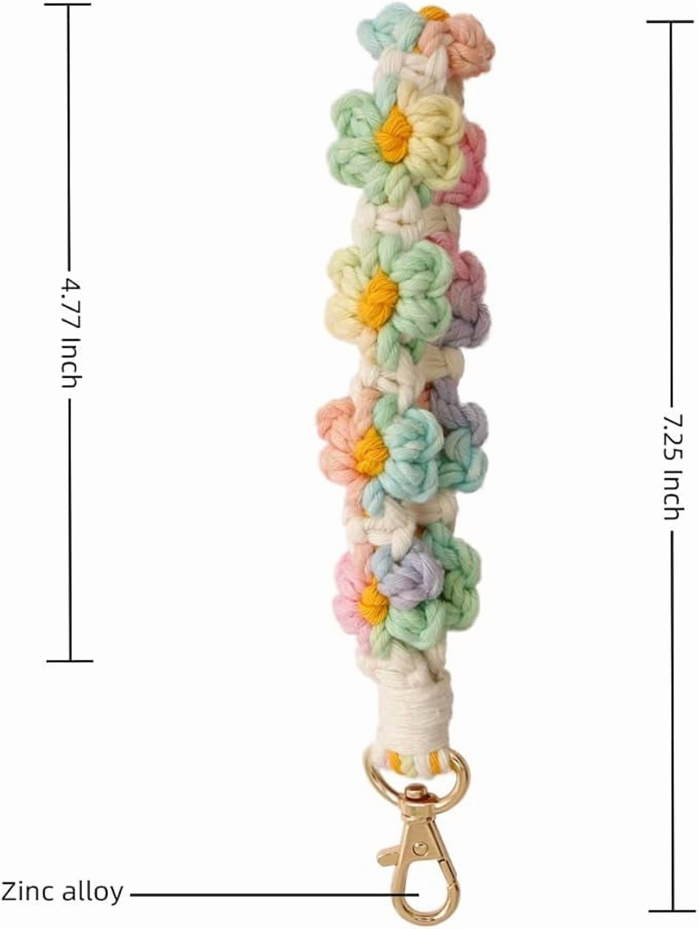 Handmade Macrame Keychain Wristlet - Boho Flower Design, Cotton Cord, Lobster Clasp (White)