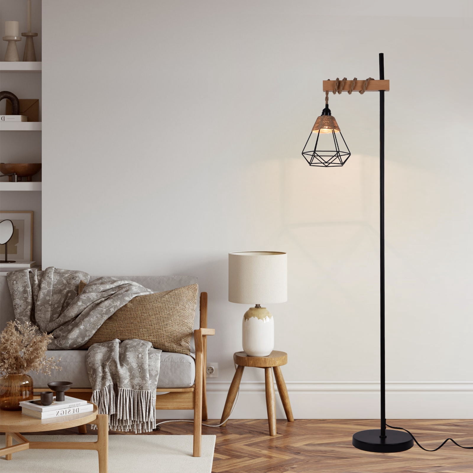 Wuzstar Floor Lamp Smart Tall Standing Lamp with Rattan Lampshade for Living Room Bedroom Office