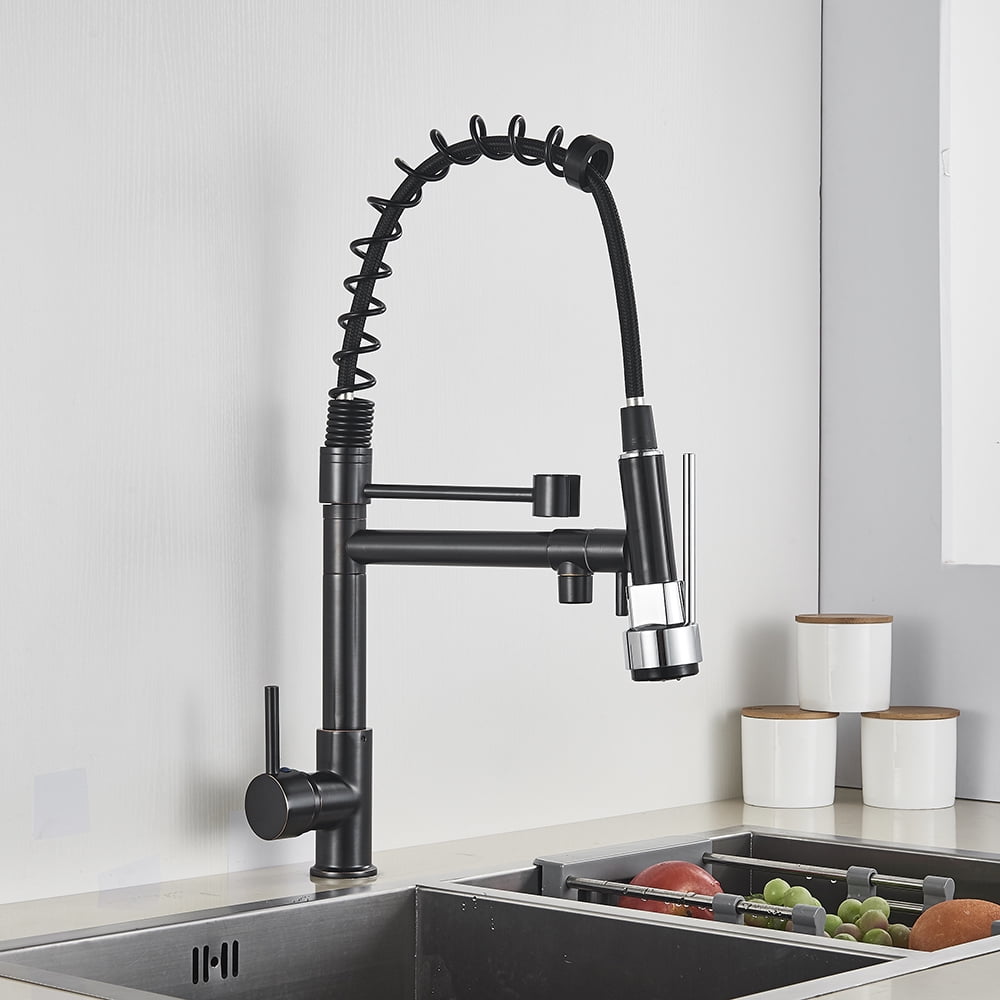Blackend Spring Kitchen Sink Faucet Pull Down Sprayer Dual Spout Mixer Tap