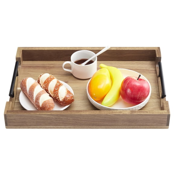 Acacia Wood Ottoman & Coffee Table Tray – Large 17x12" Decorative Serving Platter with Metal Handles – Multipurpose for Breakfast, Superior Platter
