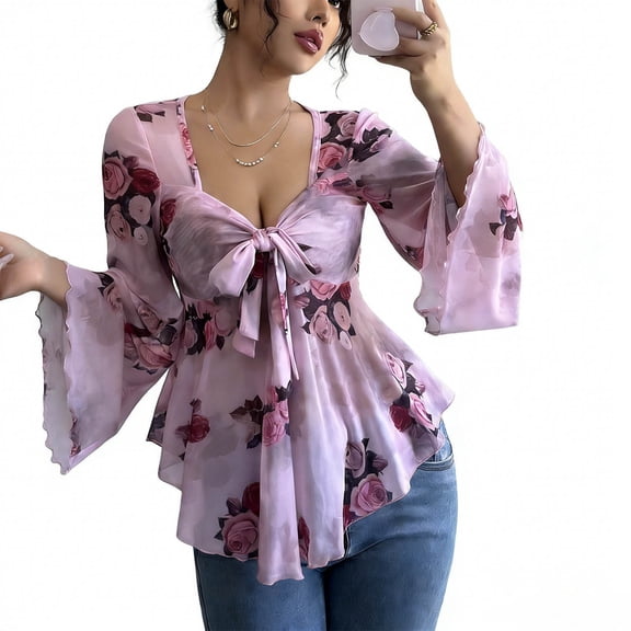Tmtolofot Chiffon Tops for Women Front Bow Tie Tunic Tops Ruffle Hem Long Sleeve Shirts V Neck Floral Print Peplum Blouses Fashion Trendy Sexy Outfits 2026 Vacation Elegant Tee Top|Pink|S