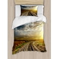 thumbnail image 1 of Train Track Duvet Cover Set Twin Size, Railroad Goes to Horizon in Sunset Country Rural Themed Dramatic Sky Photo, Decorative 2 Piece Bedding Set with 1 Pillow Sham, Multicolor, by Ambesonne, 1 of 3