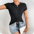 thumbnail image 5 of DuoJiaJ Women's Solid Color Round Neck Casual Simple Drawstring Short Sleeved T Shirt Women’s High-Neck Workout Tops Black, 5 of 5