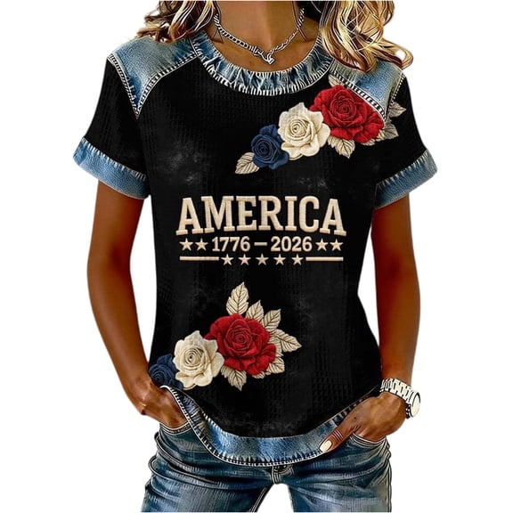 AHMOMEI 250th Anniversary USA Shirt Women America 1776-2026 250th Anniversary Women's Waffle Knit Shirts Patriotic Womans Shirts