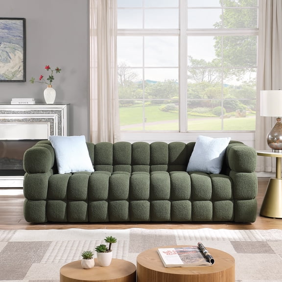 New 84" 3-Seater Sofa: Marshmallow Cloud Couch with Square Arms and 2 Pillows,Olive Green