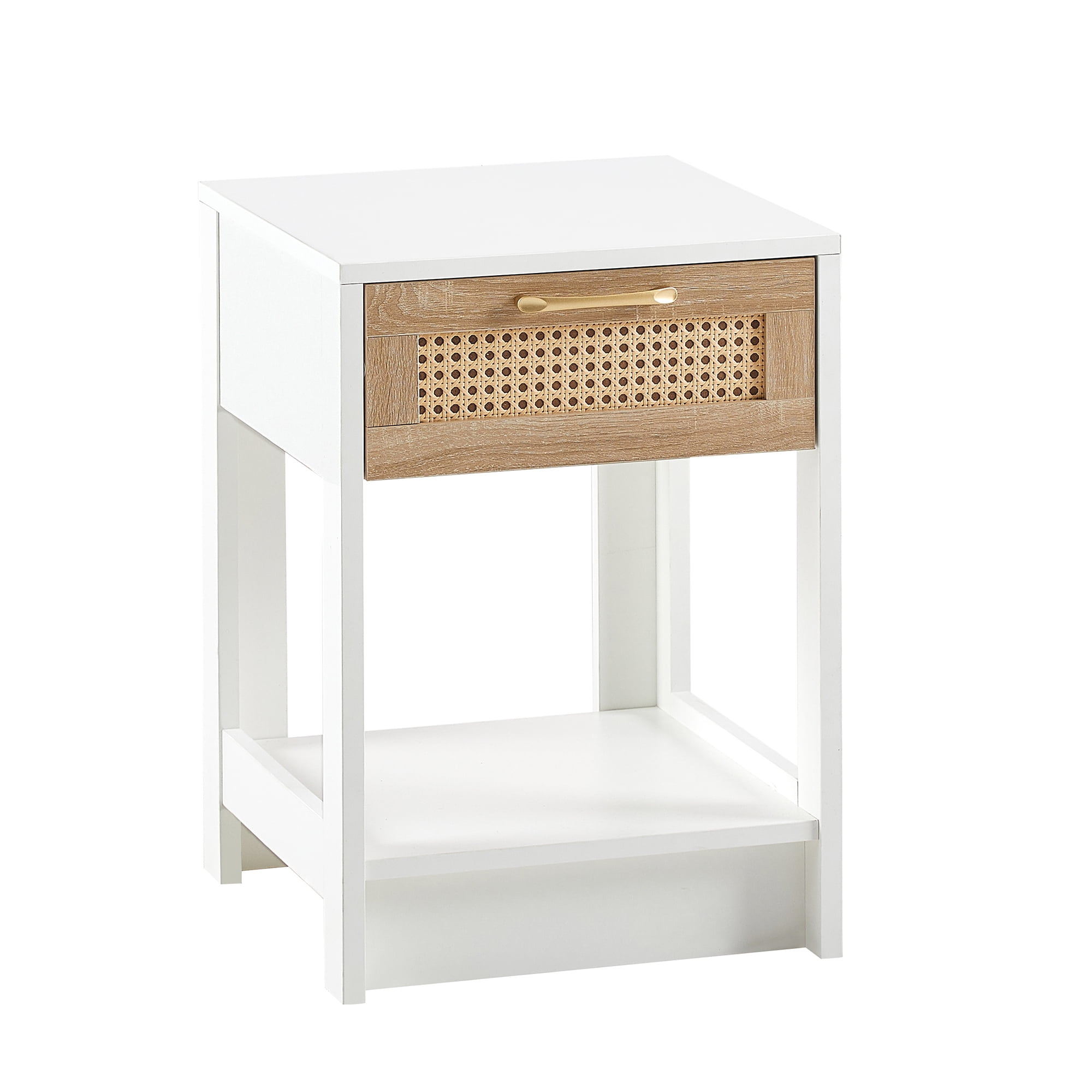 MAYEERTY 15.76" Rattan End Table with Drawer – Modern Nightstand for Living Room, Bedroom, White