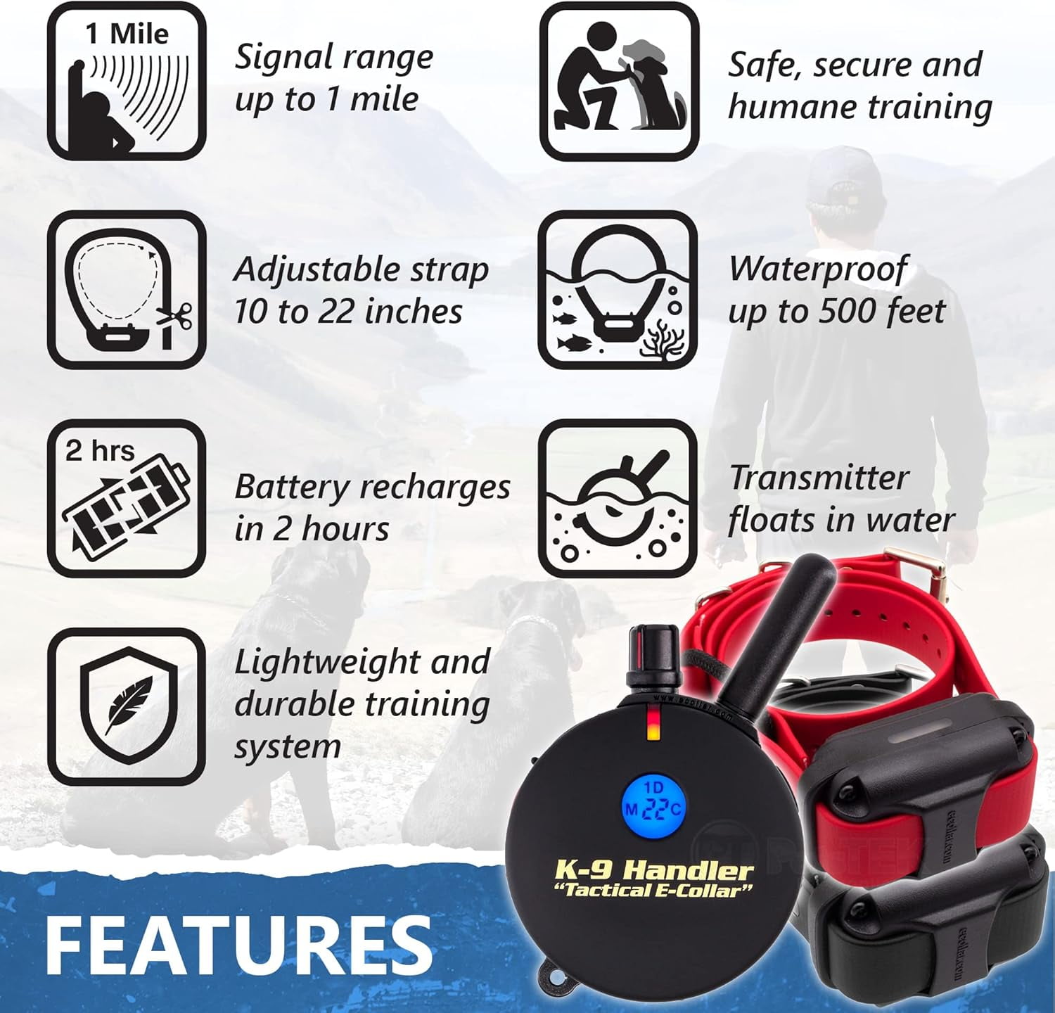 The Educator K9 Handler K9-802 Remote Training E-Collar Tactical Dog Training Made Easy  1-Mile Range 2-Dog System 33" Bungee Collar 100 Static Stimulation Levels with “Lock and Set” Pavlovian Tone