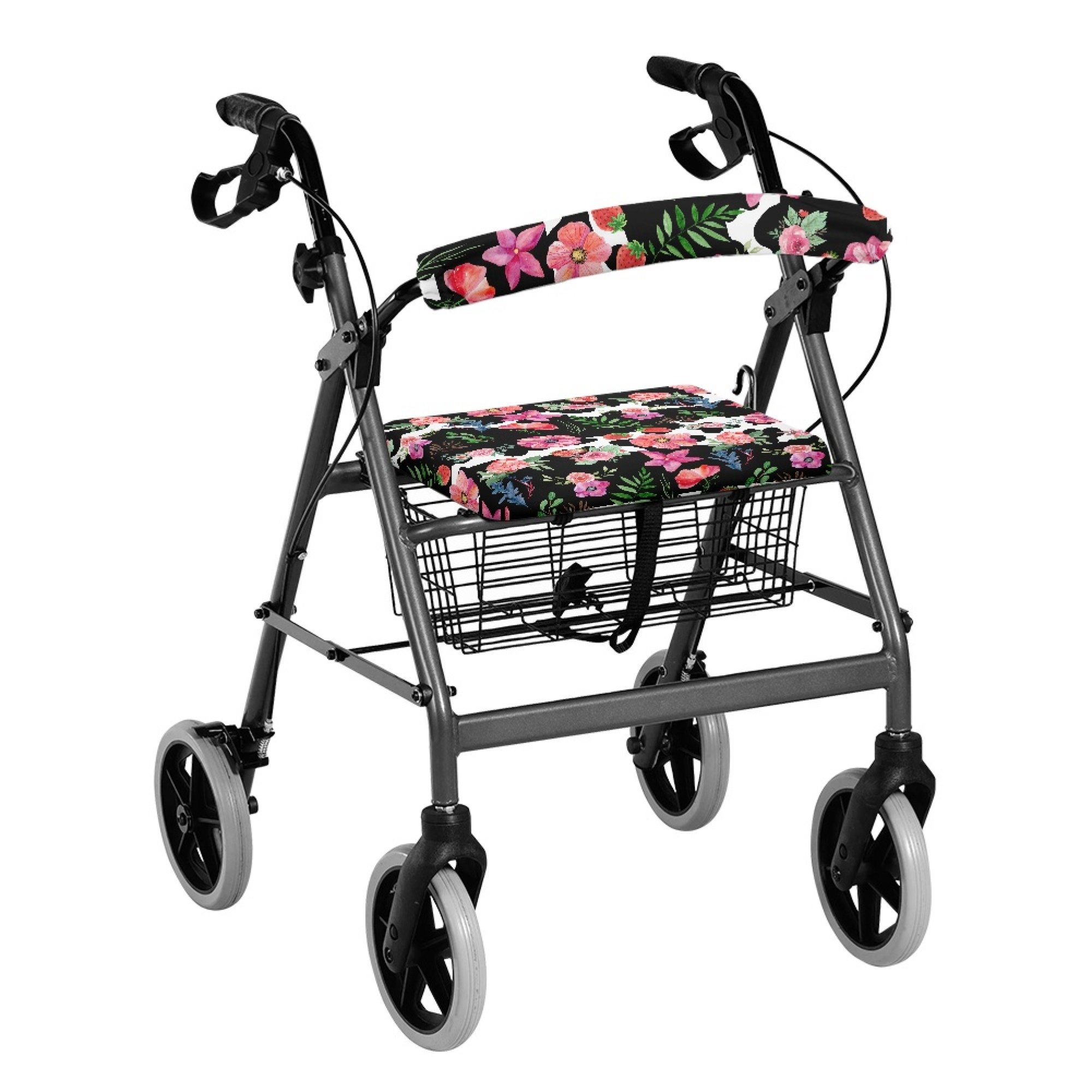 COEQINE Cow Print Flower Rollator Seat Back Cover Medical Rollator Walker Seat & Back Covers Walker Seat Set 2 Pack Covers for Seniors in Assisted Living
