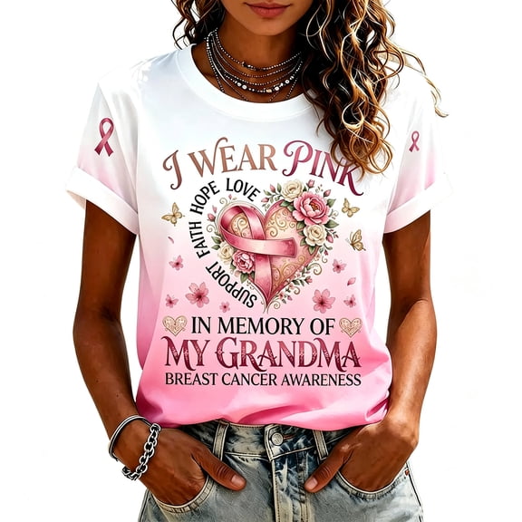 EANJE Breast Cancer Awareness Shirts for Women Printed Crew Neck T-Shirt Short Sleeve Casual Top, Loose Soft Awareness Tee For Daily Support Outfit Light pink 2XL