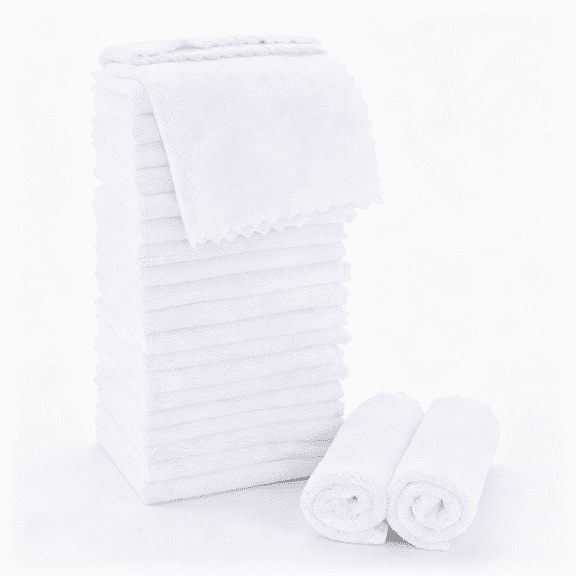 AUQ Ultra Soft Premium Washcloths Set - 12 X 12 Inches - 24 Pack - Quick Drying - Highly Absorbent Coral Velvet Bathroom Wash Clothes - Use As Bath, Spa, Facial, Fingertip Towel (White)