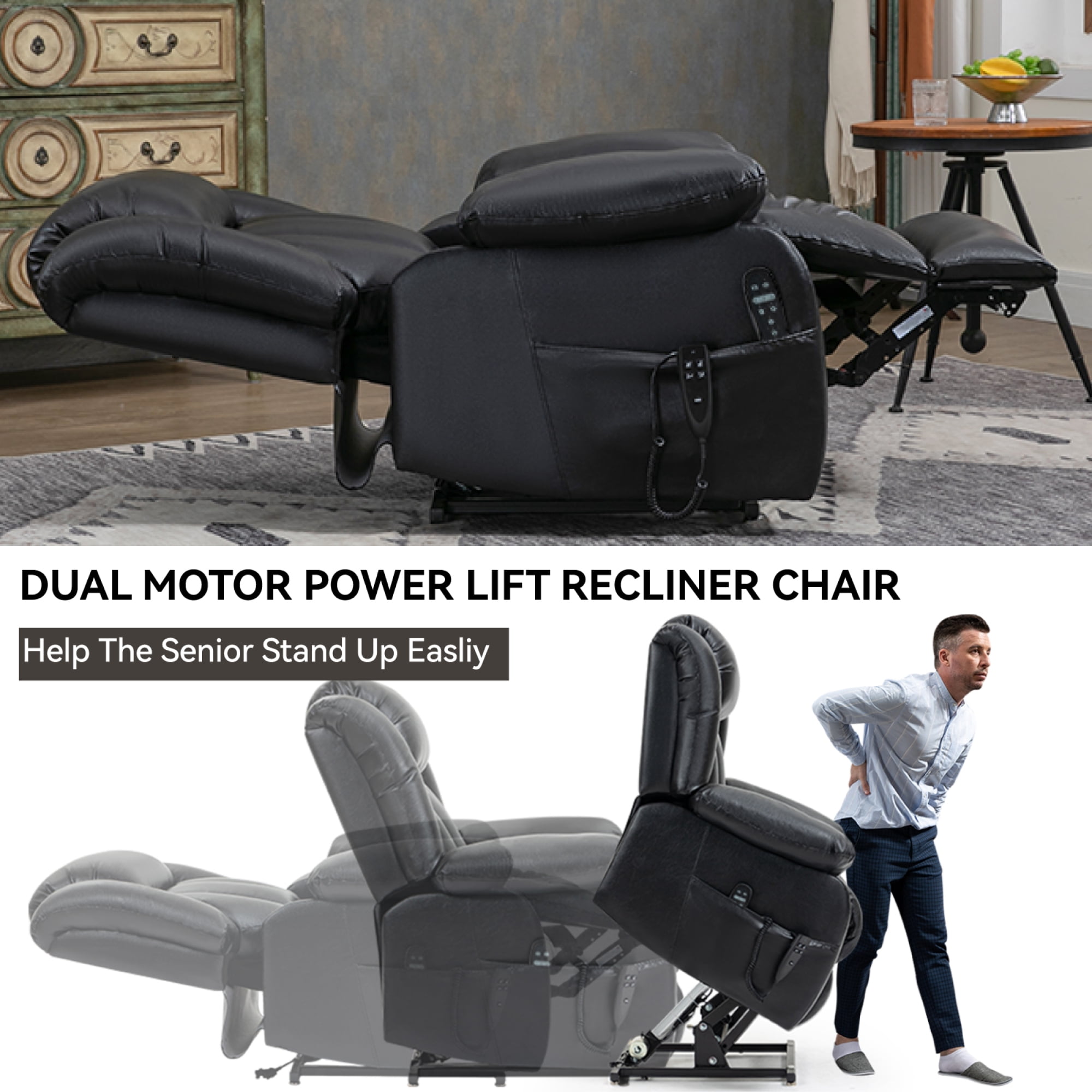 Leumius Power Lift Recliner Chair for Elderly with Vibration Massage and Lumbar Heating,Electric Recliner Single Sofa with Side Pocket for Living Room,Black