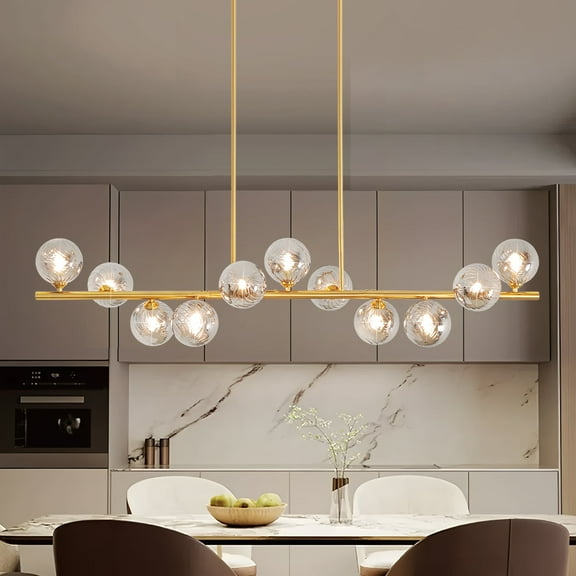 Auffel Dining Room Light Fixtures over Table With Gray Globe 51 Inch,Gold Linear Chandeliers for Dining Room 11 Lights Globe Chandelier for Kitchen Island Swirled Lampshade