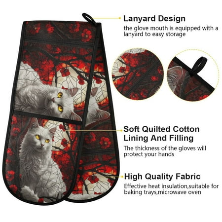 

BZSMCE Oven Mitts White Cat Red Flowers Moon Creative Pattern Resistant Kitchen Gloves