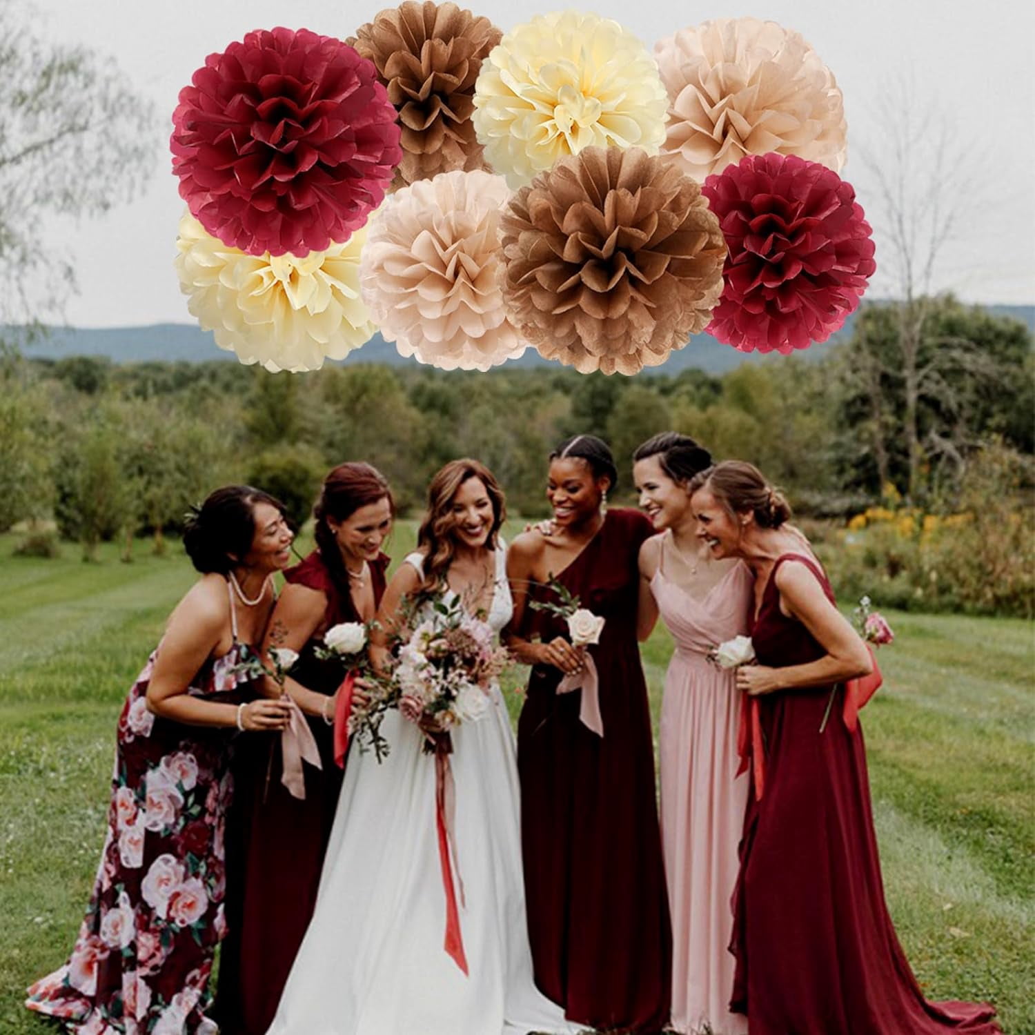 Brown Burgundy Champagne-Gold Party-Decorations - 30pcs Rustic Boho Wedding Tissue Pom-Poms Streamers ,Fall Autumn Tassel Garland Banner,Birthday Baby Bridal Shower Engagement Decor