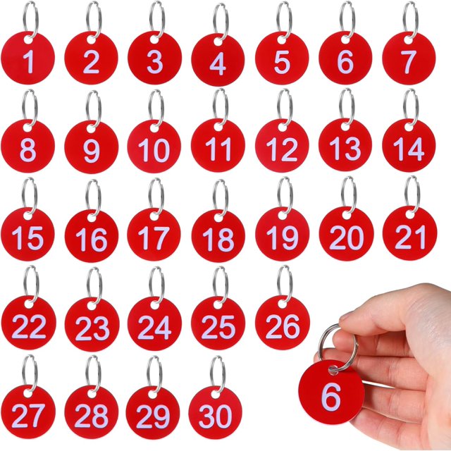 Piriuuo 1-30 Number Tags Plastic Numbered Tags 35mm Round Numbered Key Tag with Metal Rings Numbered Marking Identification Tags for Home Office and Dormitory Keys Cabinet (Red)
