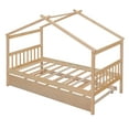 thumbnail image 3 of Twin Size House Bed with Twin Size Trundle, Solid Wood Bed Frame with Roof Headboard and Footboard, Playhouse Bed for Kids Boys Girls, Natural, 3 of 7