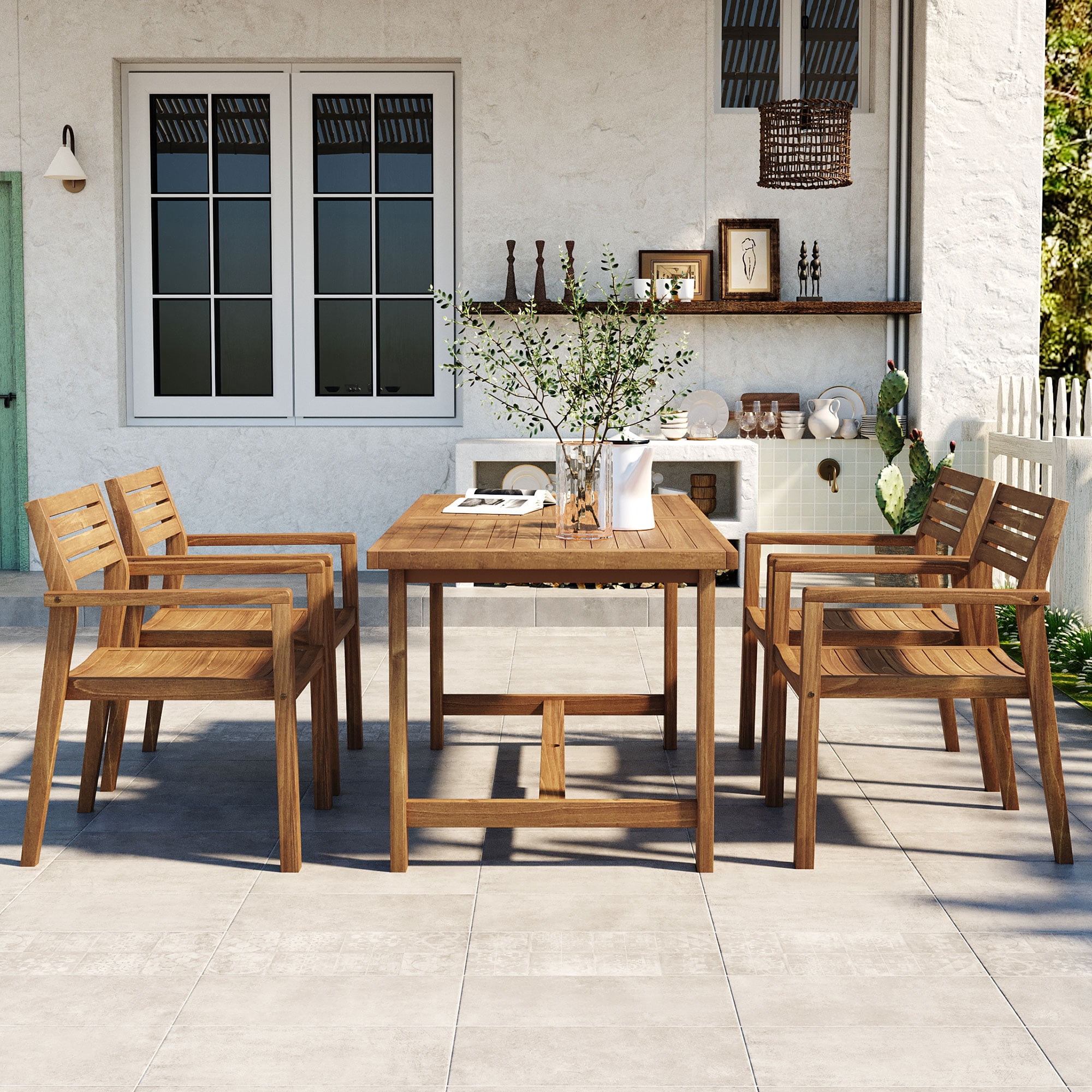 Mintazer 59" 5-Piece Outdoor Dining Set with Chairs & Umbrella Hole, Patio Furniture Set for Garden Backyard Poolside, Natural Brown