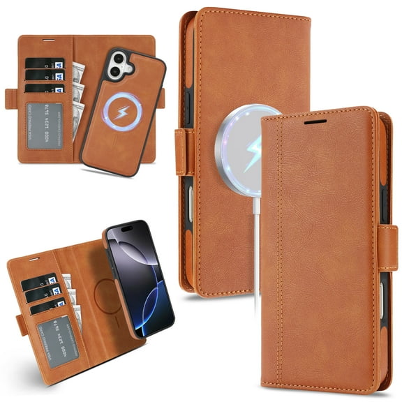 For iPhone 17 Magnetic Flip Wallet Case with Credit Card Holder Slots, Compatible with Magsafe 2 in 1 Detachable PU Leather Women Men Phone Cover For iPhone 17,Brown
