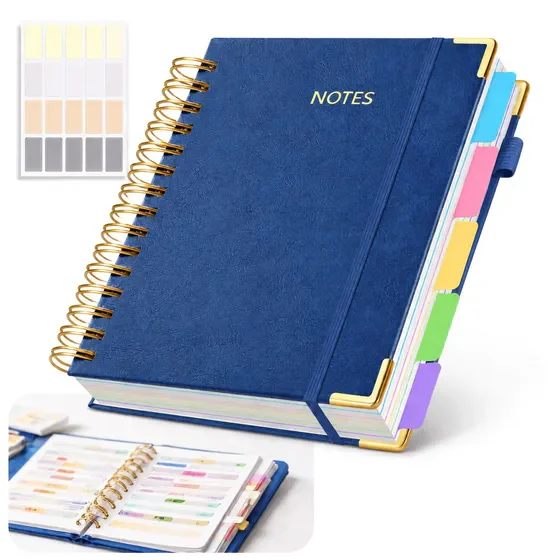 LU TANSHENG B5 Hardcover Spiral Lined Journal Notebook, 8"x10", 300 Pages, Detachable Index Tabs, Navy Blue Leather Lining Planner