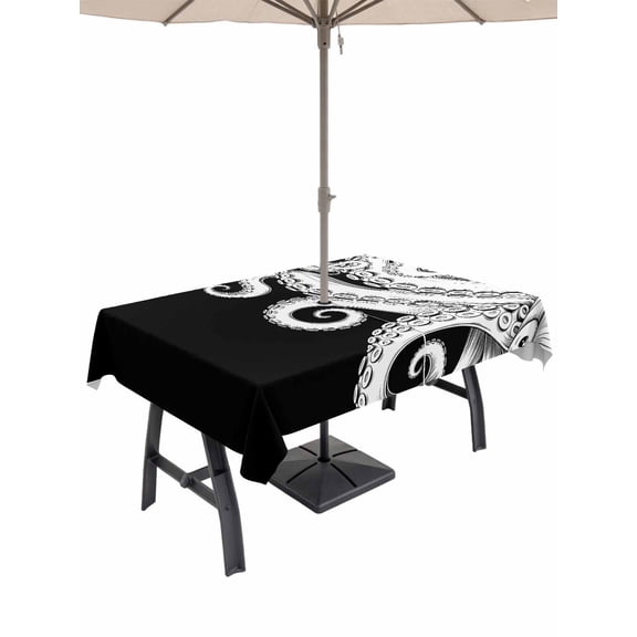 Outdoor Tablecloth with Umbrella Hole for Patio/Picnic/Party/Camping, Black White Octopus Waterproof Table Cloth Rectangle Table Cover Washable, Coastal Ocean Animals Nautical (60"x 84")