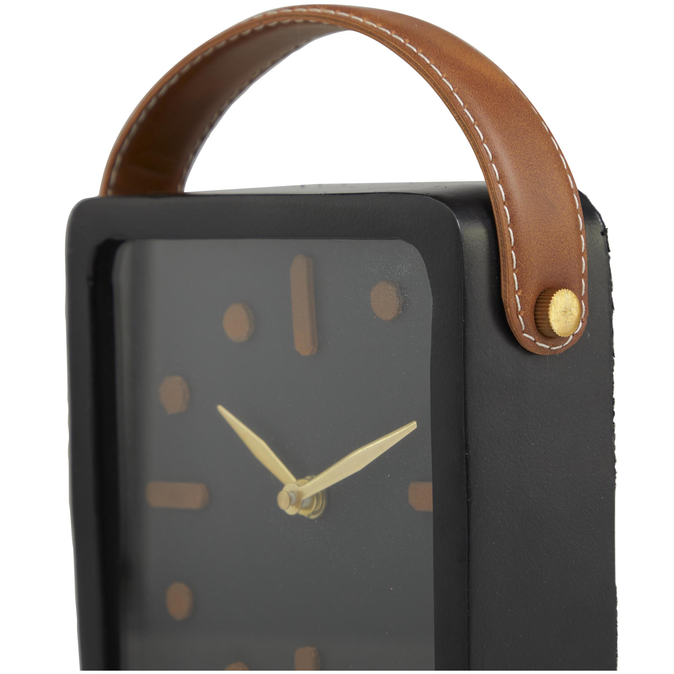 DecMode 8" Black Metal Small Clock with Leather Handle and Hour Markers